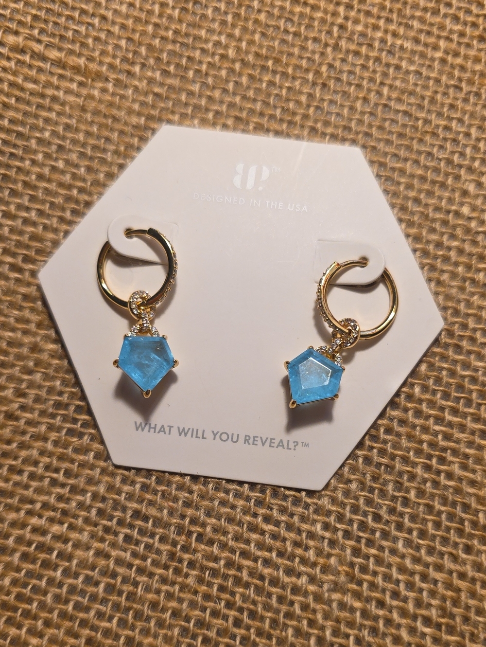 Bomb Party Gold Hoop Earrings with Blue Gemstone Drops